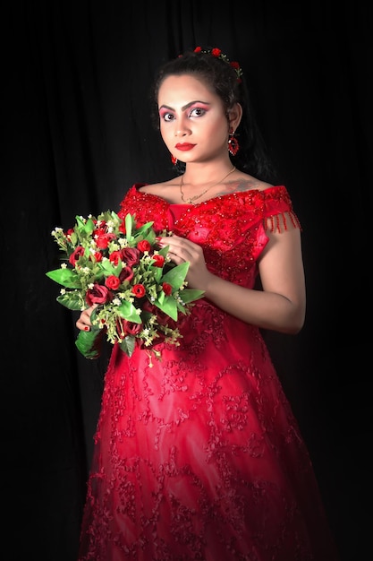 Photo radiant south asian bride in red frock