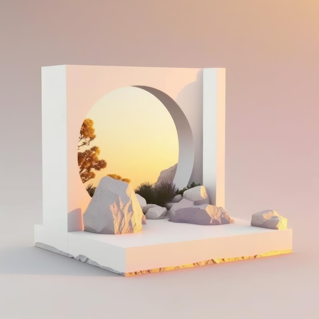 Сияющий каменный сад на рассвете минималистский макет для подиума или демонстрации генерации искусственного интеллекта