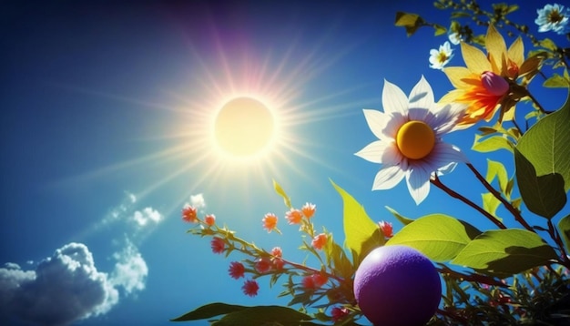 Radiant sun in a blue sky with clouds and flowers