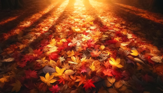 Radiant sunrise over a carpet of crimson autumn leaves