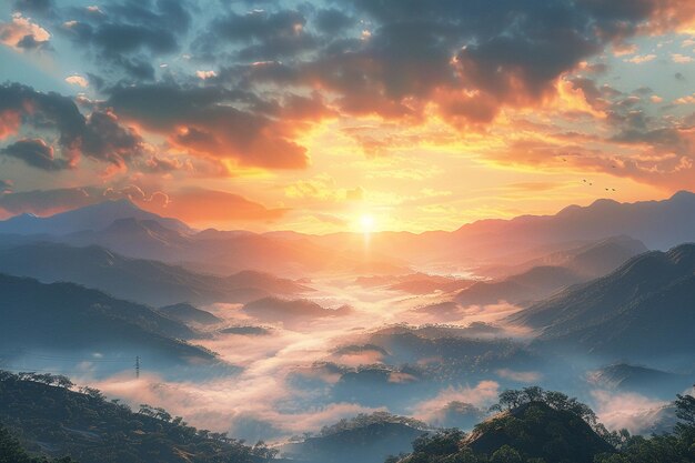 Radiant sunrise illuminating misty valleys