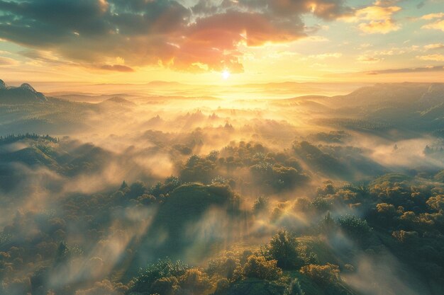 Radiant sunrise over mistcovered hills