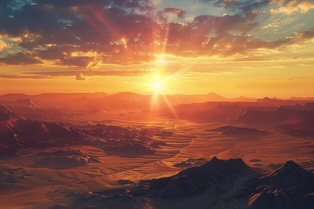 Radiant sunrises over vast desert landscapes octan