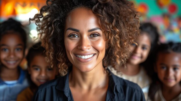 Radiant teacher smiling with diverse group of students in classroom