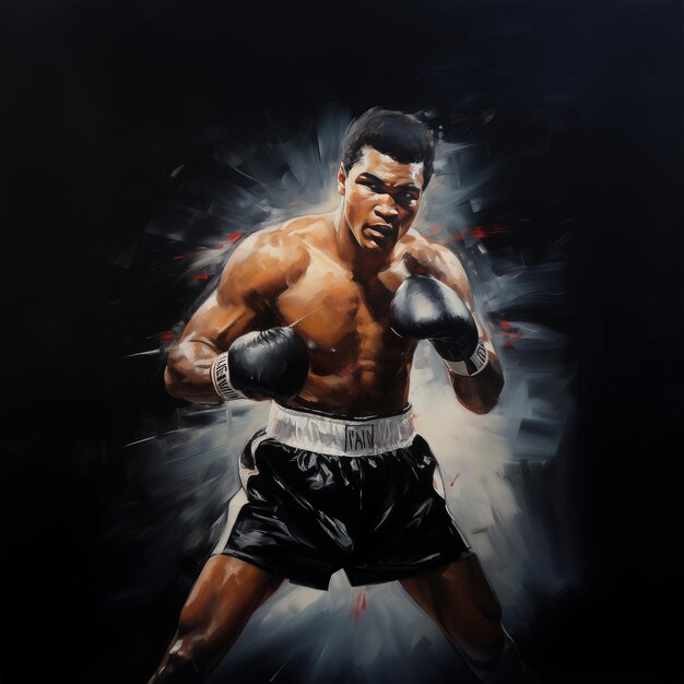 Radiant Triumph Muhammad Ali's Iconic Pose in Majestic Oil Painting against a Bold Black Canvas