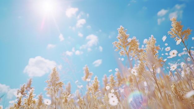 写真 野花 の 上 に 輝く 暖かい 青い 空