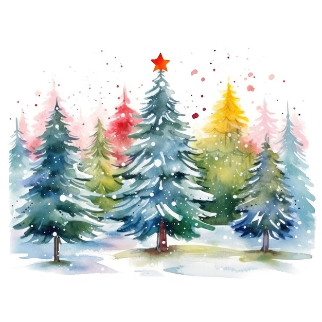 AI が生成した白い背景に新鮮な雪とカラフルな装飾品を持つ輝く水彩画のクリスマス ツリー ファーム