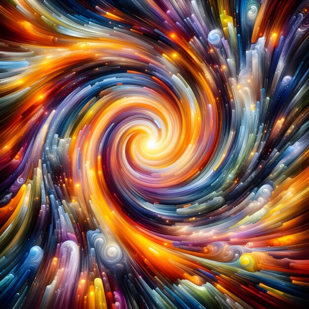 Radiant Whirl toont abstracte kleurrijke vormen die pulseren en glinsteren in een kosmische weergave.