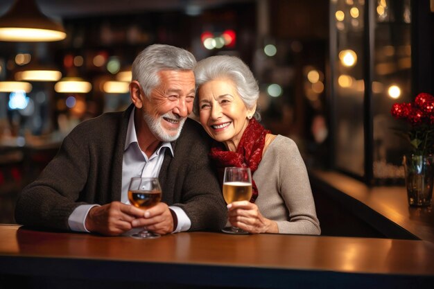 Radiant with love and joy this charming senior couple shares heartfelt smiles in a cozy bar creating a timeless image of happiness and lasting connection