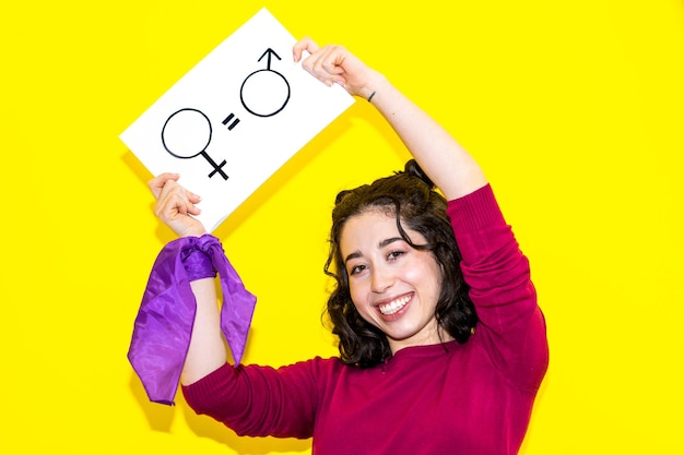 Radiant Woman Advocating for Gender Equality with Symbols