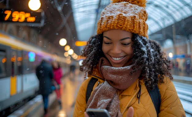 Radiant woman checking her phone at the train station