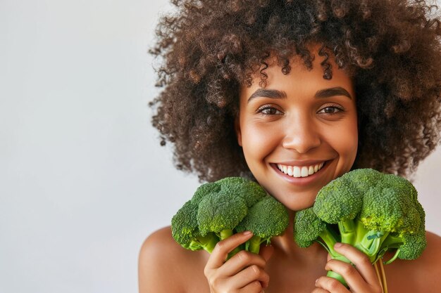 Photo radiant woman embracing health with broccoli