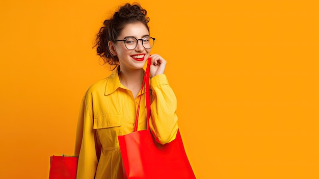 Radiant Woman in Reds and Yellows with Yellow Bag