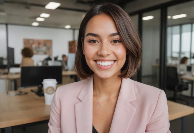 A radiant woman smiles brightly in a corporate environment suggesting approachability and