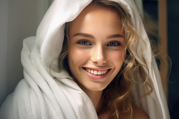 Radiant Woman Smiling Warmly in Soft White Towel