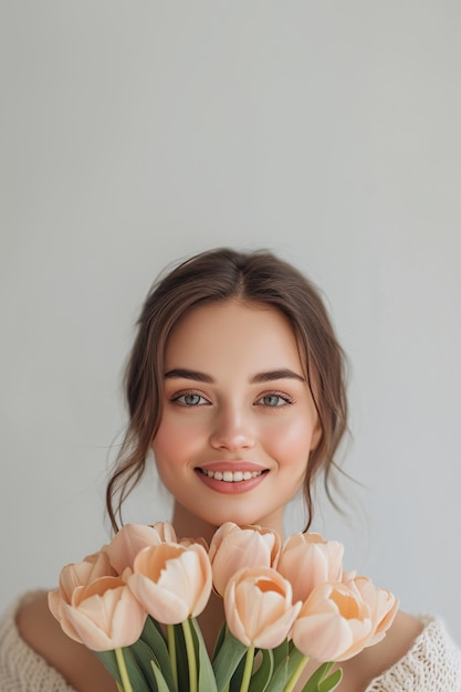 Излучающая женщина улыбается с персиковыми тюльпанами Генеративный ИИ