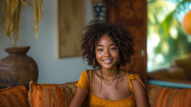 Photo radiant young black woman smiling in cozy home environment artistic decor