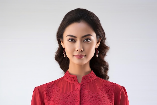 Radiant young Indonesian woman in a traditional red kebaya blouse on white background