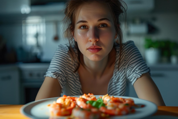 Photo radiant young mother presents her shrimp and bacon creation