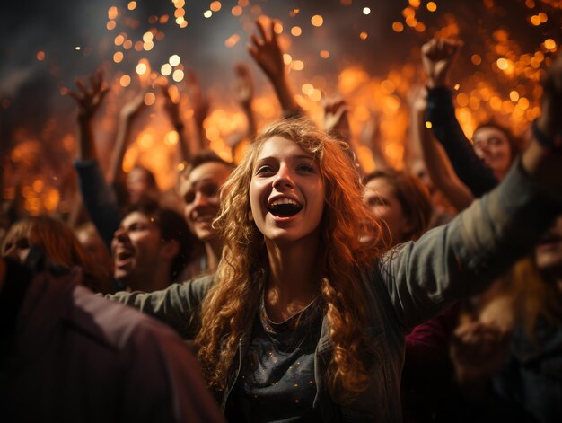 Foto giovane donna radiosa che si gode un festivo concerto all'aperto ai generativa