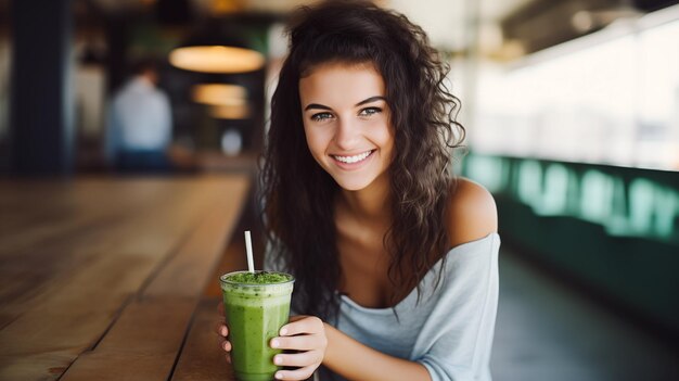 멋진 카페 에서 신선 한 녹색 스무디 를 즐기는 빛나는 젊은 여자