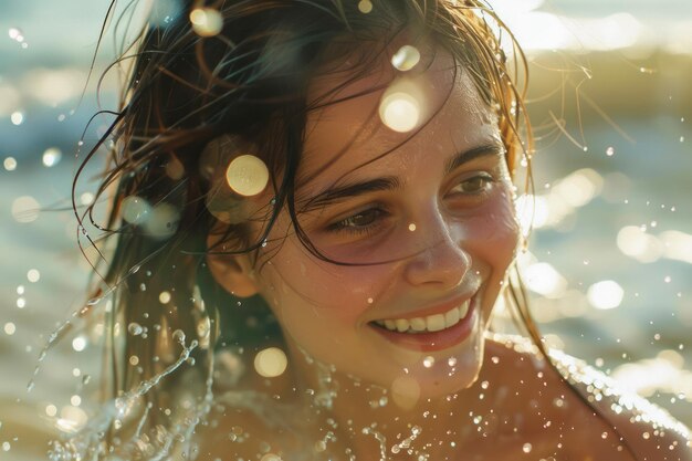 Radiant Young Woman Enjoying Golden Hour by Seaside Sparkling Water Drops Joyful Summer Moments