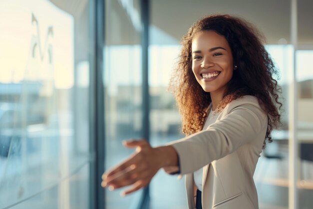 Photo radiant young woman extending a warm embrace in a bright modern office setting generative ai