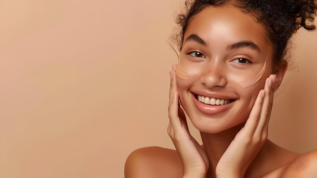 Photo radiant young woman showcasing clear skin with a joyful expression beauty and skincare concept on a beige background ideal for wellness advertising ai