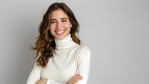 Photo radiant young woman smiling confidently in casual white turtleneck versatile portrait for diverse use studio shot on grey background ai