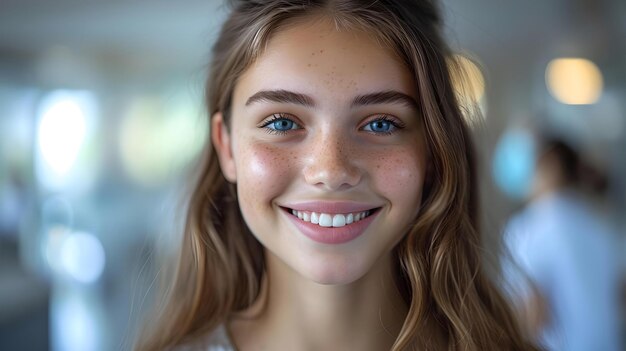 Radiant young woman smiling with natural light in background closeup portrait with soft focus AI