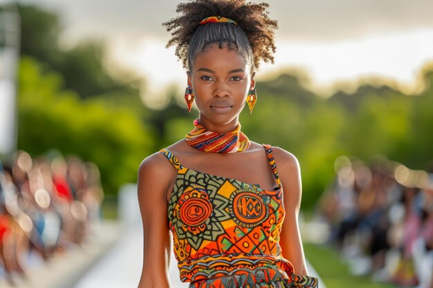 Foto giovane donna radiante in abiti tradizionali africani che posa con fiducia in un evento all'aperto