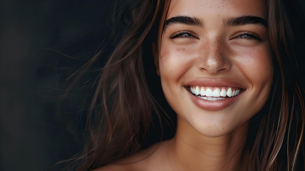 Radiant young woman with a beaming smile and glowing skin closeup portrait expression of happiness and confidence natural beauty joyful demeanor AI