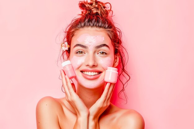 Foto ragazza radiosa con la pelle fresca che applica la crema per il viso su uno sfondo rosa