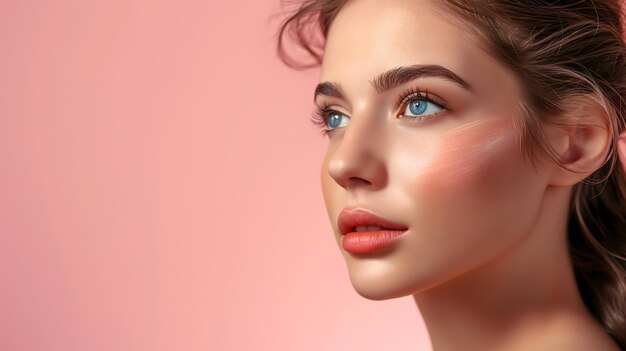 Photo radiant young woman with a mesmerizing gaze on a pink background