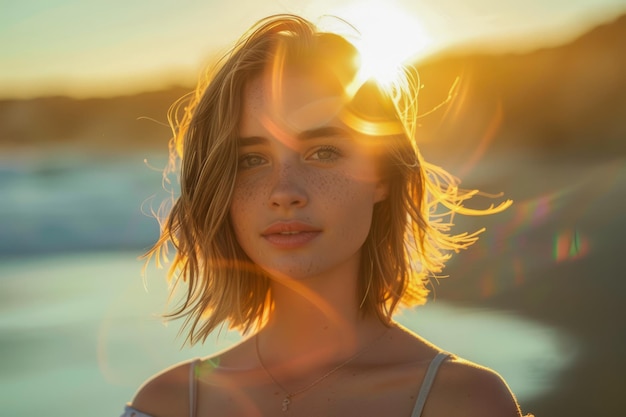 Radiant Young Woman with Sun Flare at Golden Hour on Beach