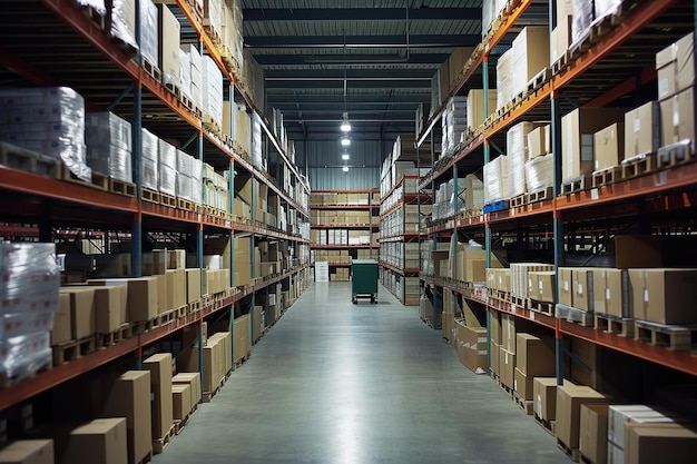 Foto lo spazio di magazzino radiosamente illuminato con un pallet di scatole e scaffali alti crea un ambiente di stoccaggio luminoso che è sia invitante che efficiente