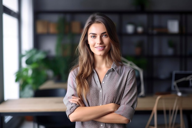 Radiating confidence and ambition the woman stands as a beacon of success in her office an empowered entrepreneur Ai generated