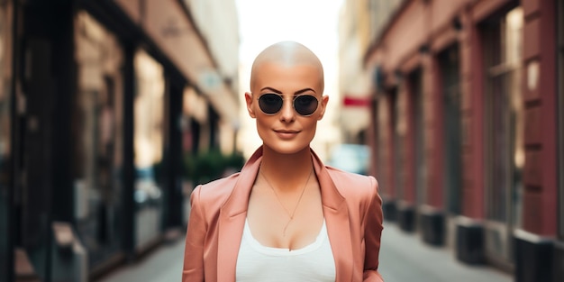Radiating with joy the bald woman exudes positivity and a smile inspiring those around her with her irresistible energy Ai Generative AI