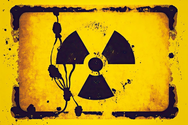 Фото Знак радиационной опасности на желтом фоне с полосами ржавчины