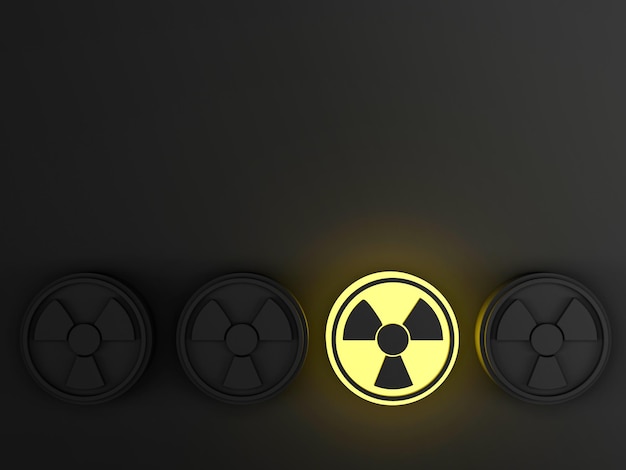 Фото Предупреждающий знак радиационной опасности на черном фоне с желтым одиночным светом 3d рендеринг