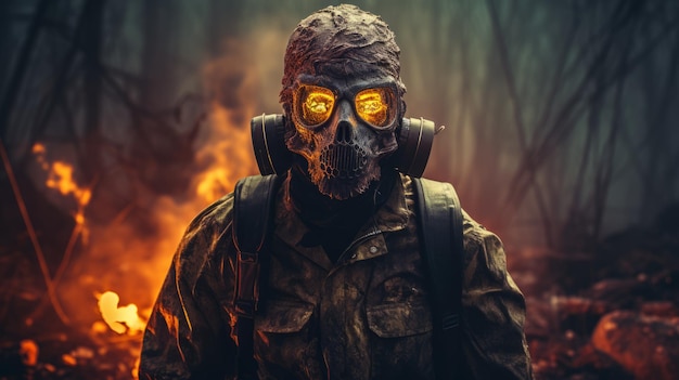 Photo radiation zombie in forest gas mask wearer with fiery background