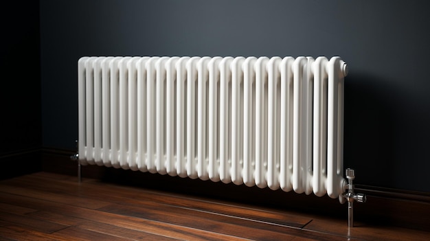 a radiator against a gray wall with a white radiator.