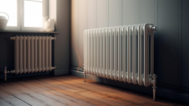 A radiator in a room with a window behind it