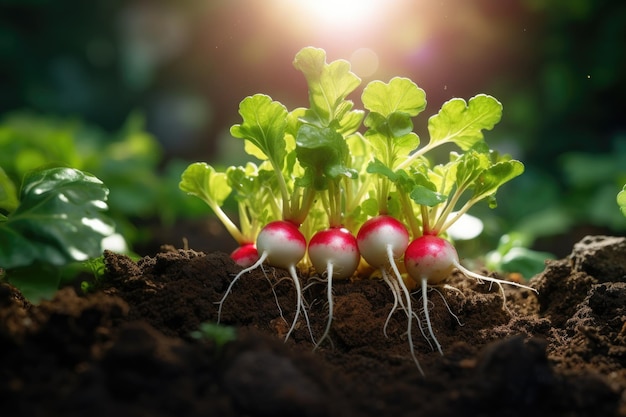 radijs groeien in de groentetuin op een zonnige dag oogst landbouwconcept