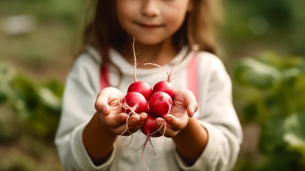 Radijs in de handen van een kind in de tuin generatieve ai