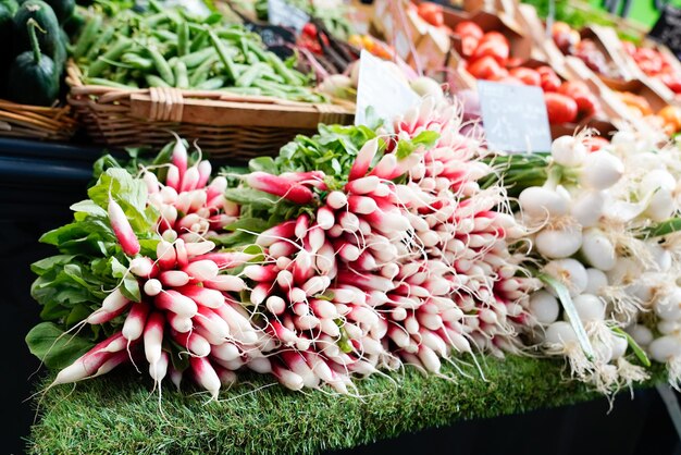 Radijsjes op boerenmarkt met groenten voor sall