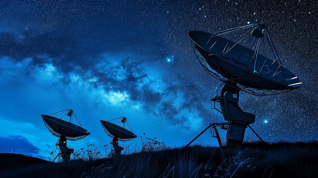 Radio antennas reach for distant celestial signals under night sky