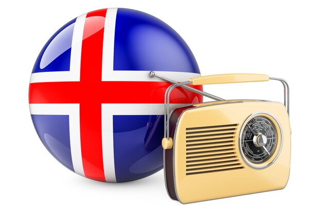 Концепция радиовещания в Исландии Радиоприемник с исландским флагом 3D рендеринг