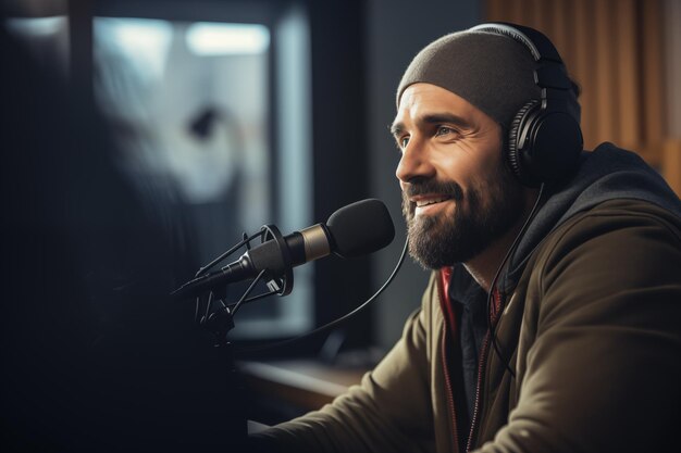 radio presenter speaking into a microphone in a studio