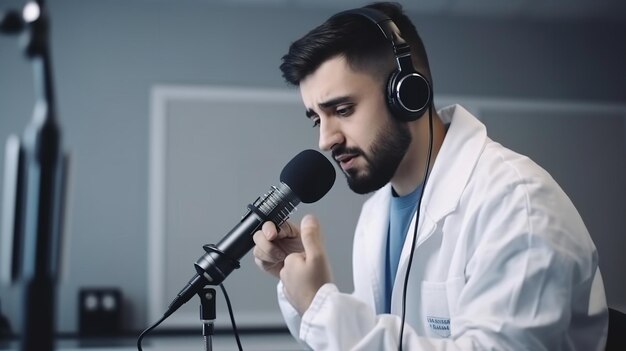 In a radio studio a man using a smartphone and microphone Generative Ai